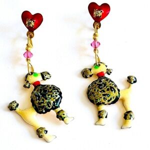 Lunch At The Ritz LATR Poodle Dog signed Earrings‎ VTG Pierced Dangle Enamel 80s
